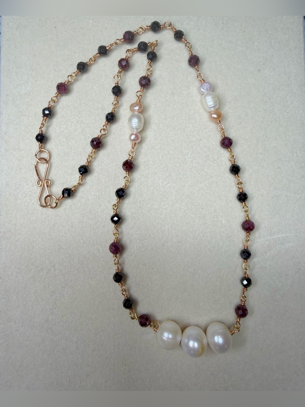Brass Pearl, Spinel and Garnet Bead Necklace